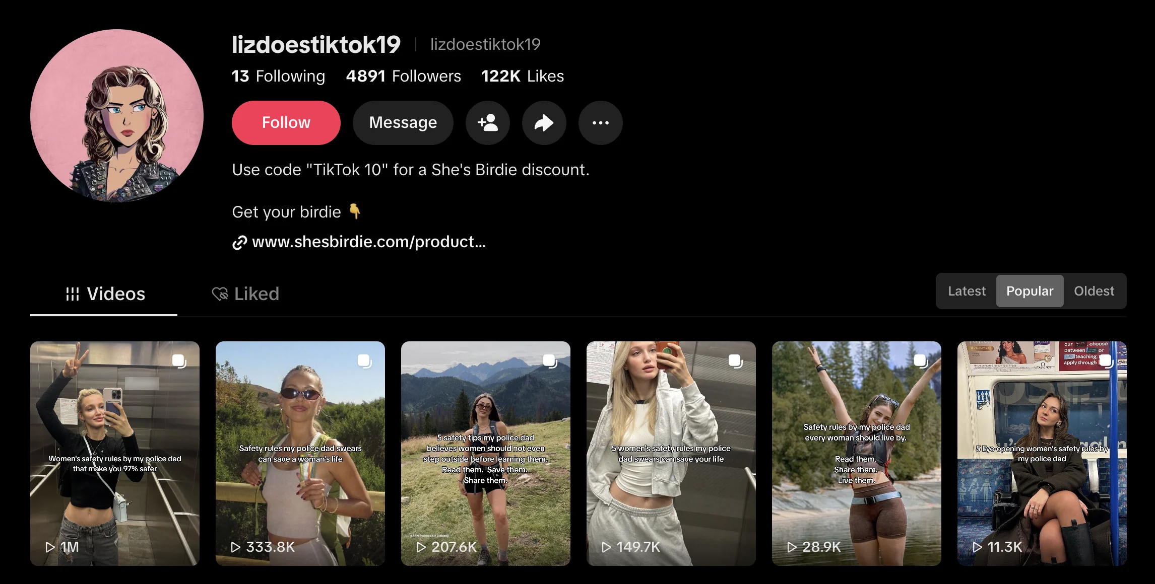 TikTok profile of a client account showing 4,891 followers, 122K likes and posts with 1M, 333.8K, 207.6K and 149.7K views