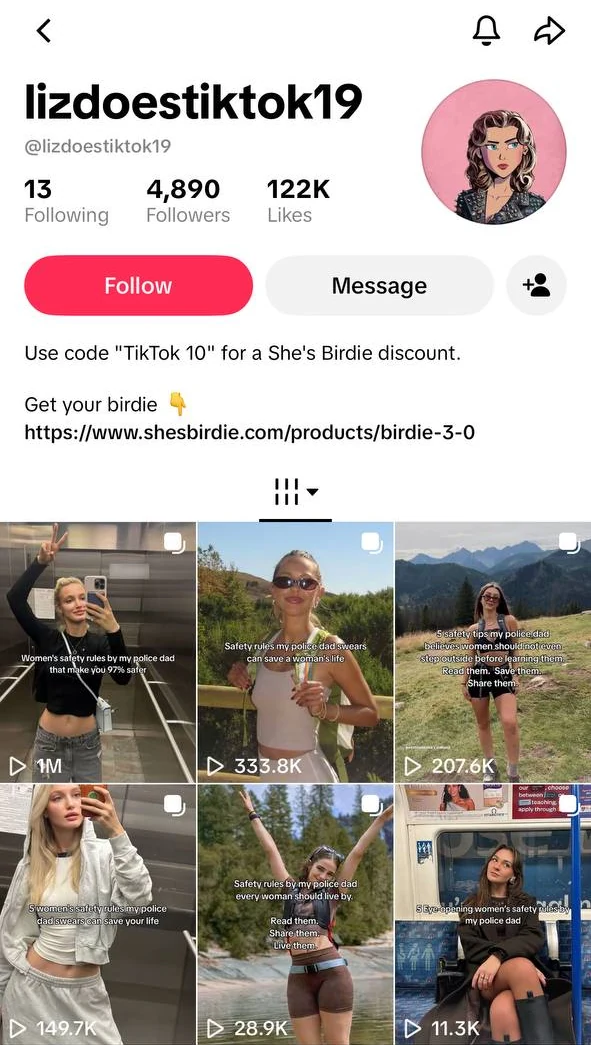 TikTok profile of a client account on a phone: 4,890 followers, 122K likes, and posts with 1M, 333.8K, 207.6K, 149.7K, 28.9K and 11.3K views